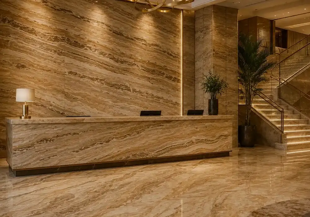 Hazelnut clouds and golden sediment lines enrich Daino Reale Marble, showcasing the warmth of Sardinian Daino Reale stone.