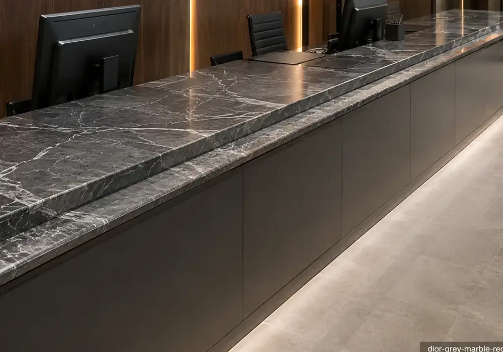 Dior Gray spelling in a contemporary bathroom, showing natural slab variation, realistic finishes and architectural detail.