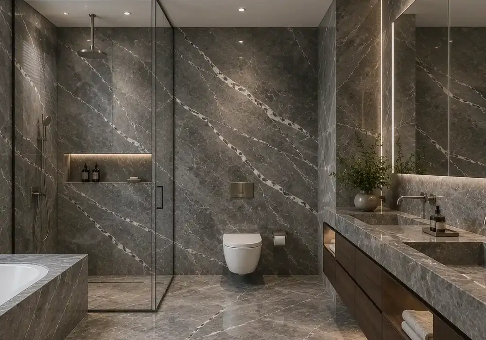 Dior Grey Marble showcased in a premium stone gallery with upright slabs, finish samples and refined interiors
