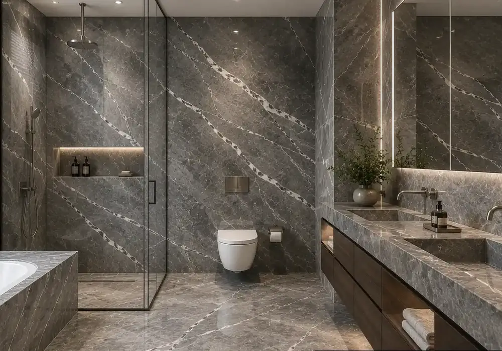 Charcoal Dior Grey Marble features crisp silver and pale-beige fractures, presenting refined Turkish grey marble character.