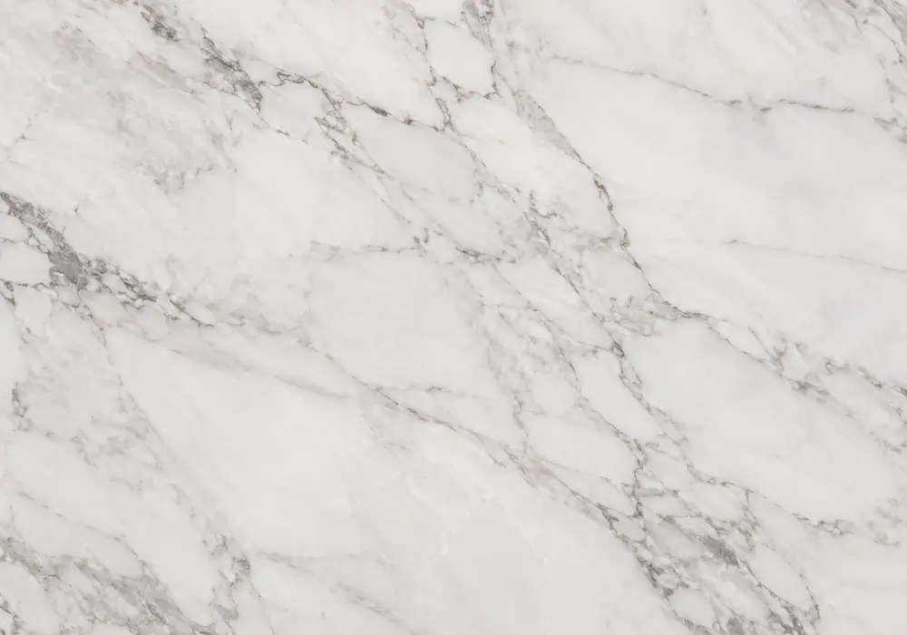 Dover White marble luxury dining tabletop with soft ivory stone and fluid grey waves, cloudy transitions and subtle undertones.