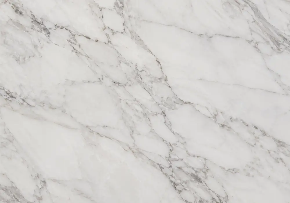 Drama White slabs on polished bath walls and vanity with honed floor, showing crystalline white stone with soft grey tones.