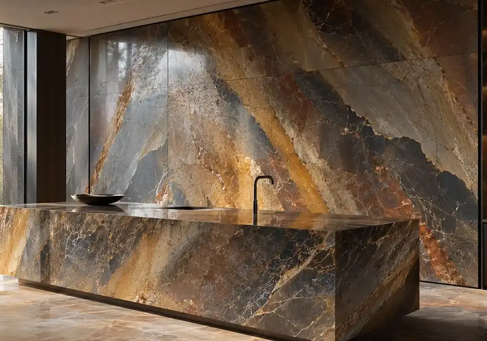 Fantasy Brown dolomite in a high-end kitchen, showing authentic veining, refined stone texture and refined interior detail.