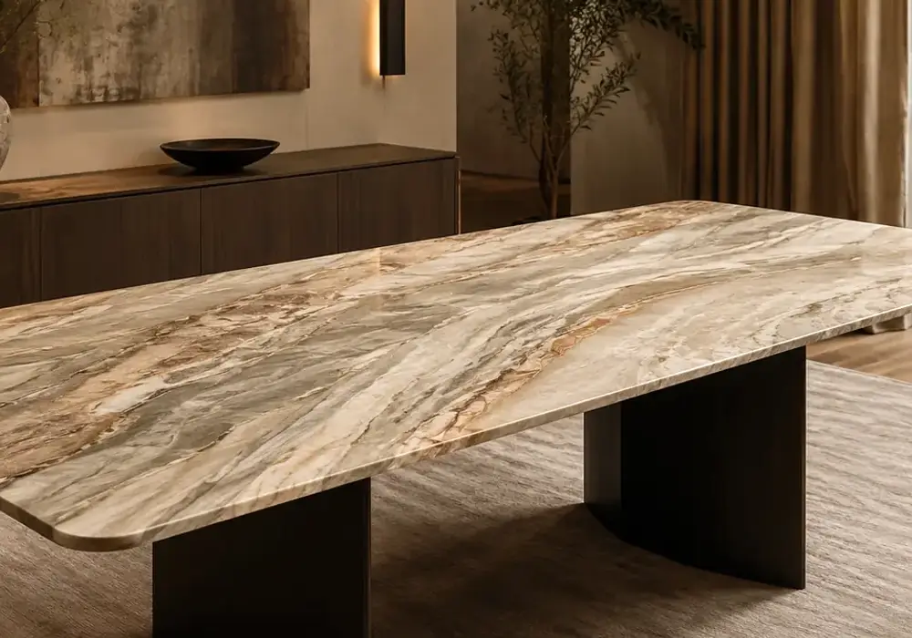 cream beige and apricot bands flow across a vanity, bar, stairs and fireplace with polished and leathered finish samples.
