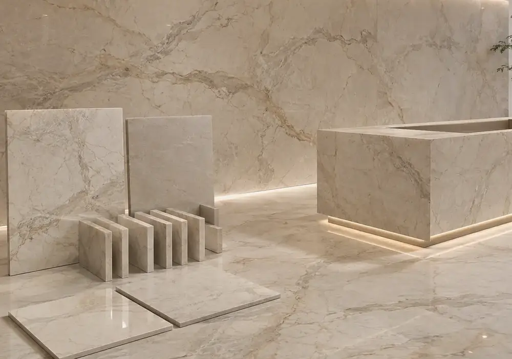 subtle silver mineral texture used across wall cladding, flooring and an island countertop, with authentic slab variation.