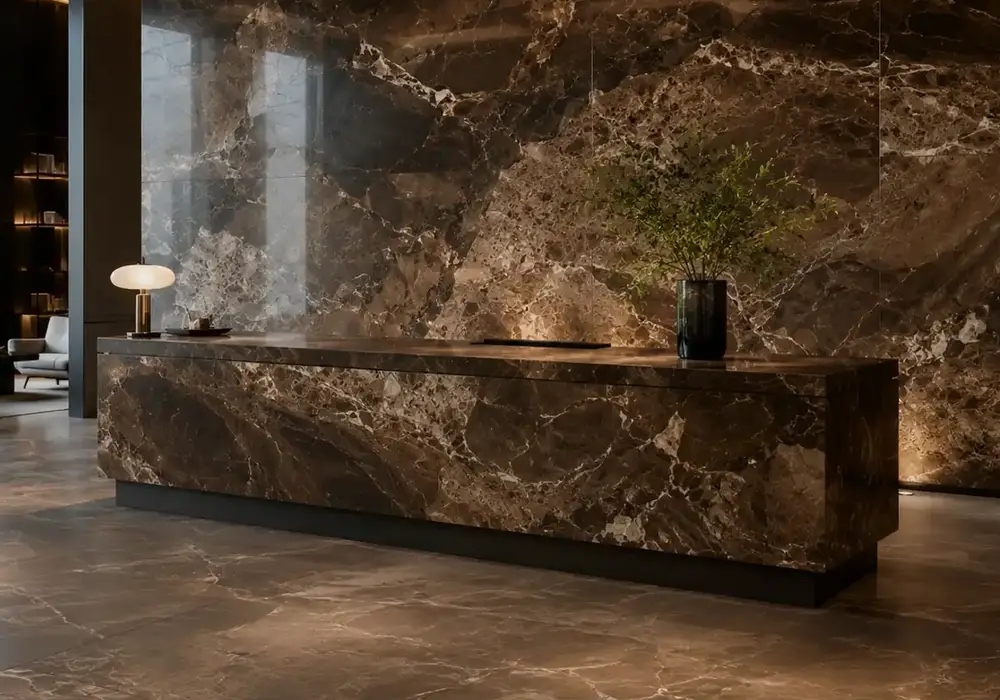 sophisticated smoky decorative stone across a feature wall, flooring and an island countertop, with authentic slab variation.
