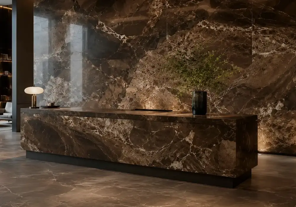 refined floral mineral texture used across a feature wall, flooring and an island countertop, with authentic slab variation.