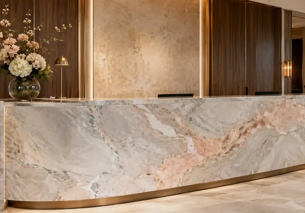 Italian grey pink marble across a boutique hotel powder room, showing natural veining and refined architectural detailing.
