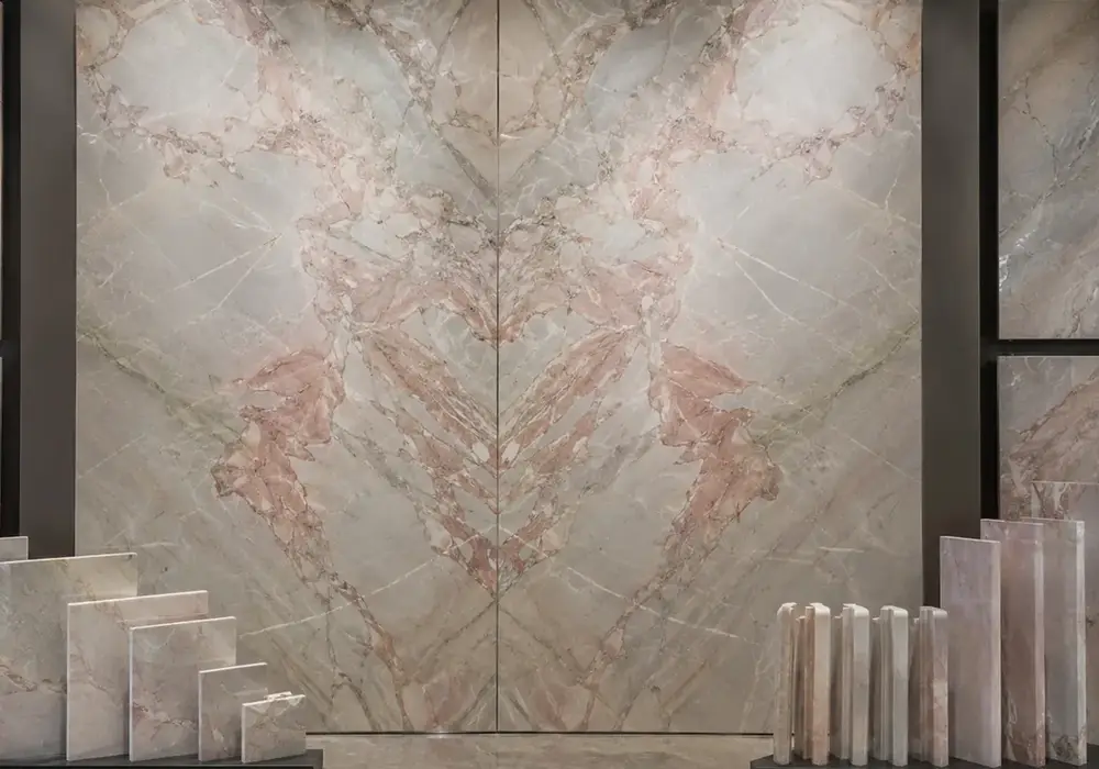 Fior di Pesco tiles support polished fireplace and office wall with blush, violet and peach movement plus slab stock for UAE