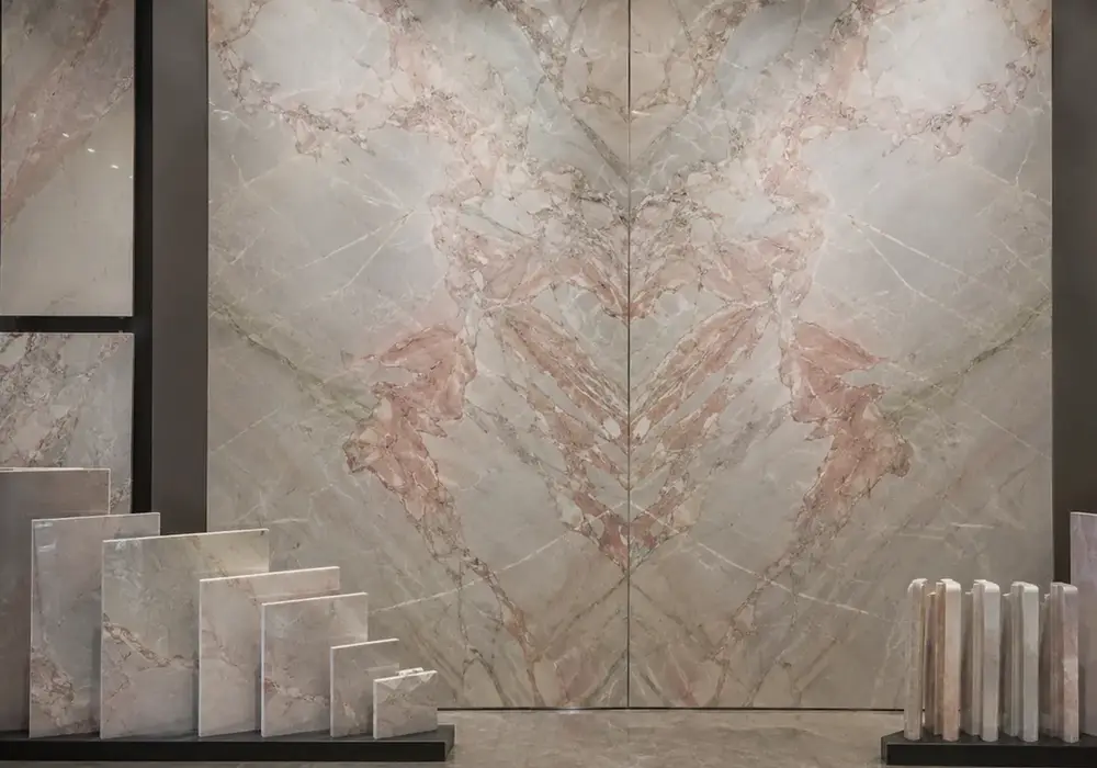 Blush, violet and grey mineral clouds enrich Fior di Pesco Marble, highlighting authentic Fior di Pesco Carnico stone beauty.