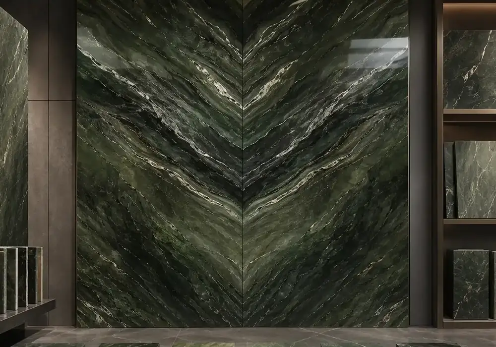 sophisticated dark botanical surface across a feature wall, flooring and an island countertop, with authentic slab variation.