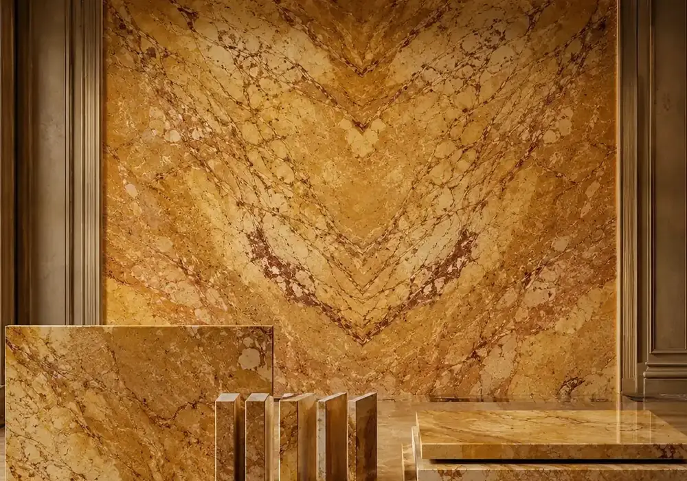 Giallo Siena mosaic on a geometric floor and wall with natural honey-yellow stone, supported by polished and honed slabs.