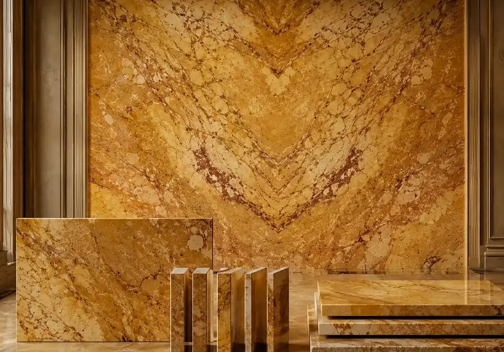 Detailed Giallo Siena marble price slab with gold and white, branching veins and mineral patches, and controlled reflections.