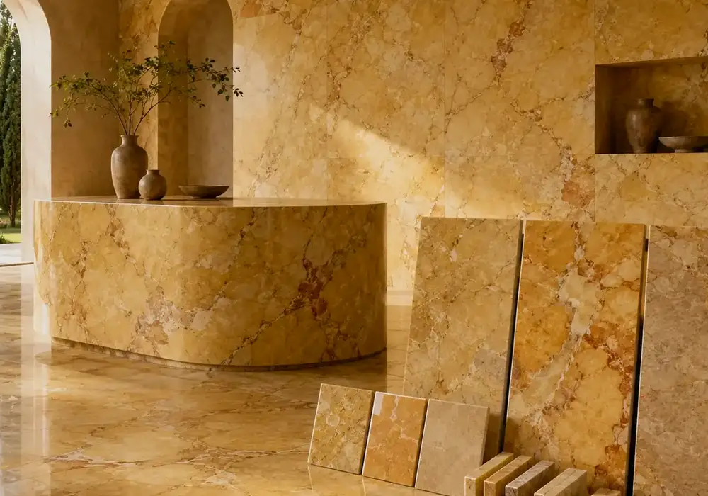 graceful honey vein movement used across a feature wall, flooring and an island countertop, with authentic slab variation.