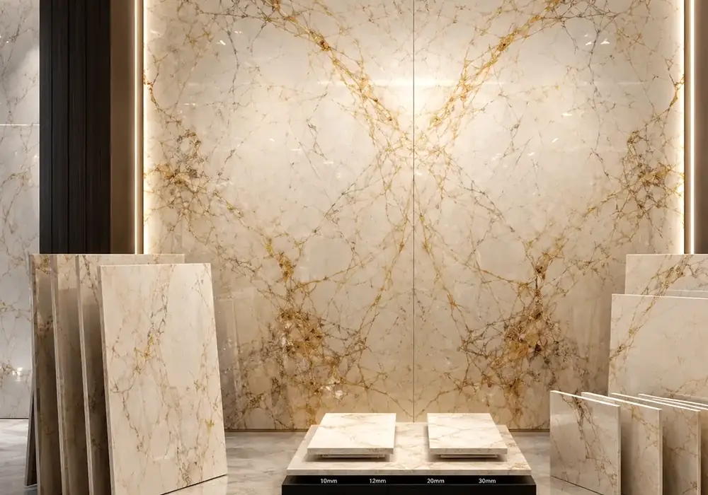 elegant metallic vein texture used across a feature wall, flooring and an island countertop, with authentic slab variation.