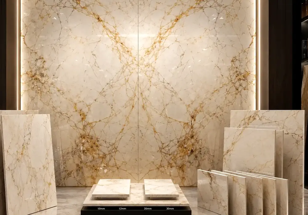 Golden Spider marble price slab with a creamy-white field, branching honey-gold threads, pale bronze accents and fine veins.