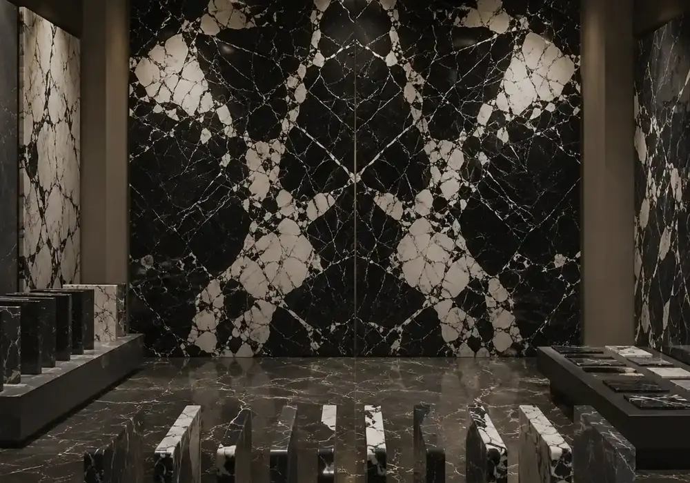 Grand Antique wall in bookmatched black-white breccia with polished clasts, honed countertop and subtle floor detail nearby.