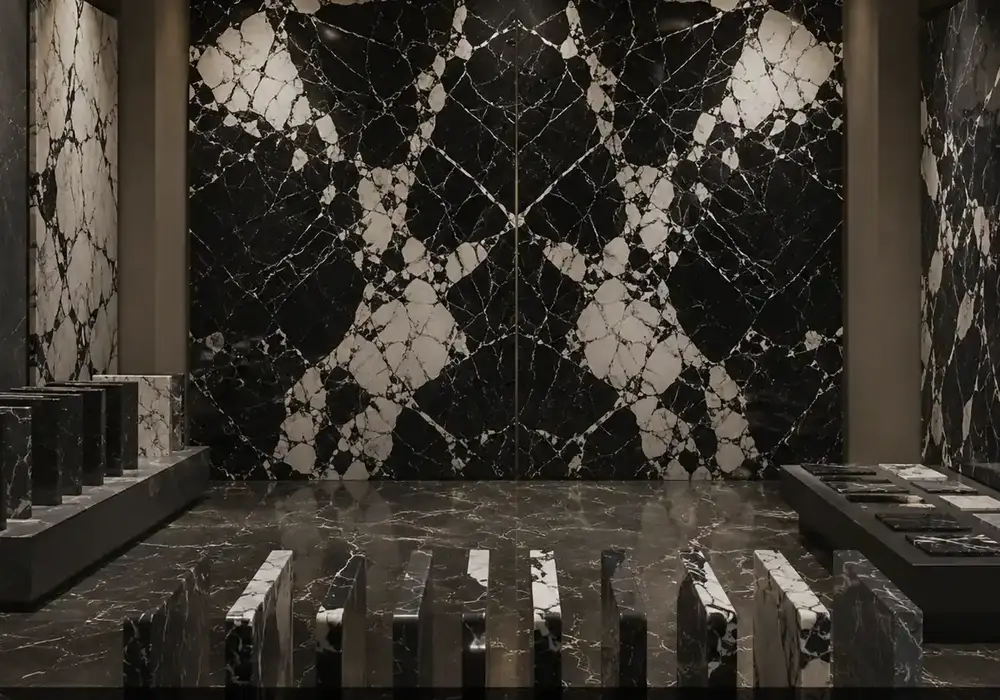 Grand Antique marble luxury statement tabletop with bold contrasting fragments and dramatic natural veining