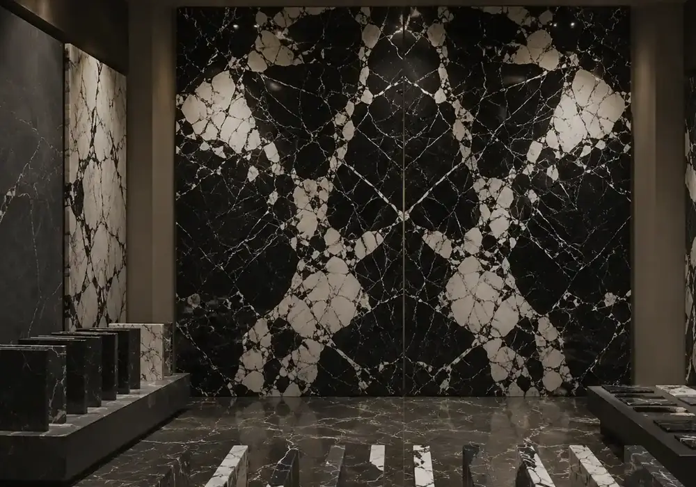 View Grand Antique marble price: black and white stone with mineral islands and natural veining, and natural tonal variation.