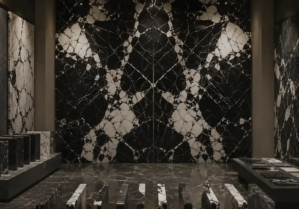 sophisticated historic feature stone across a statement wall, flooring and an island countertop, with natural slab variation.