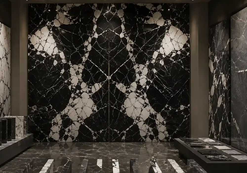 sophisticated heritage feature stone across a feature wall, flooring and an island countertop, with authentic slab variation.