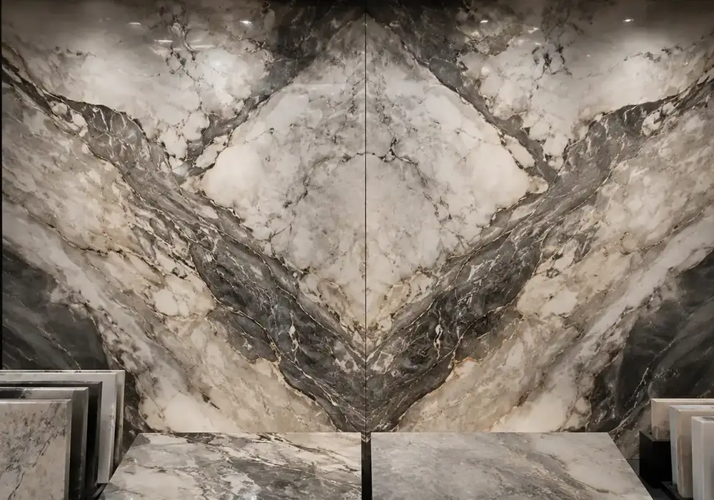 elegant decorative stone featured across a statement wall, flooring and an island countertop, with authentic slab variation.