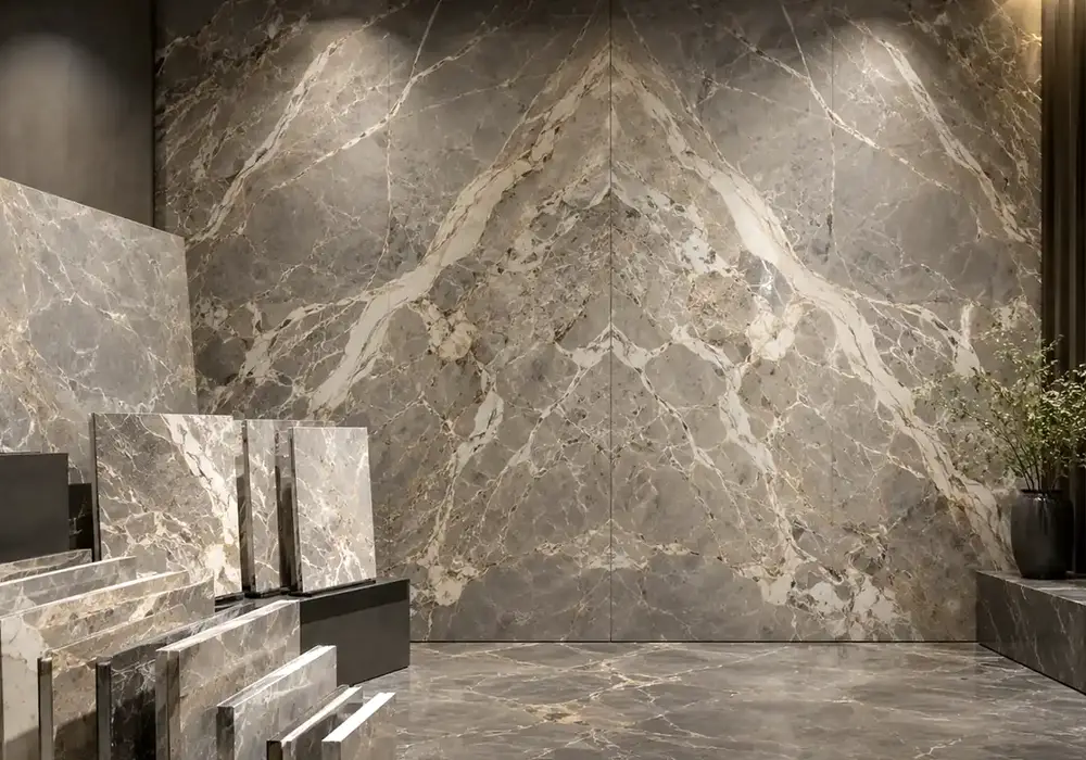 premium classic decorative surface across wall cladding, flooring and an island countertop, with authentic slab variation.