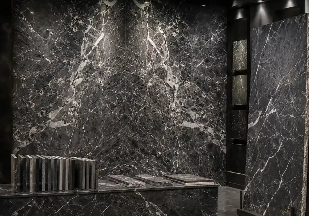 sophisticated statement surface across a feature wall, flooring and an island countertop, with authentic slab variation.