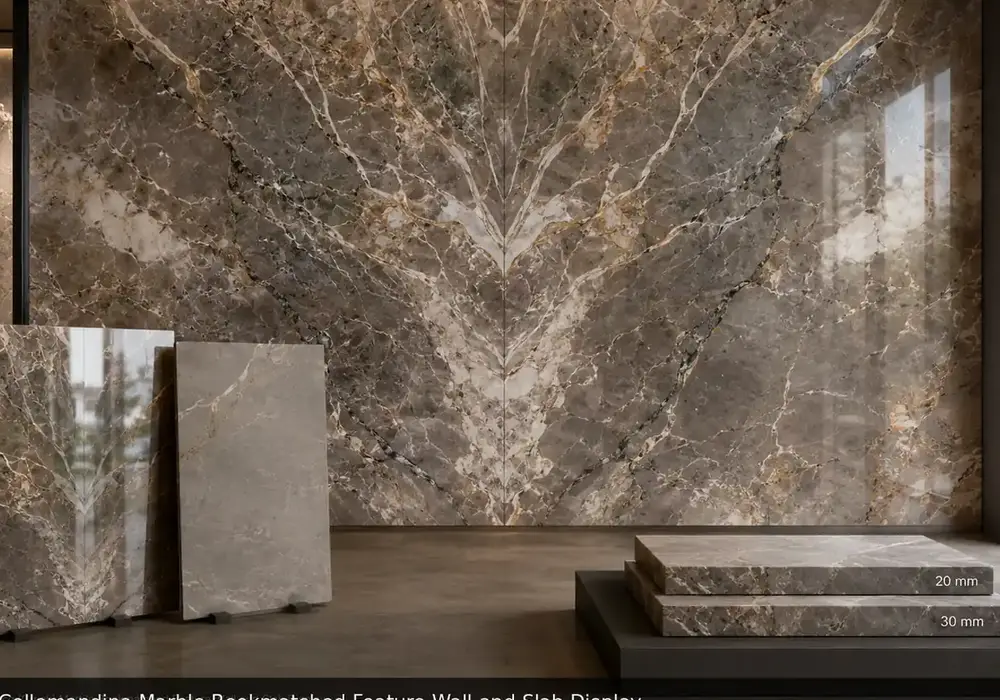 Grigio Collemandina Marble reception wall with taupe-grey tones, white veins and subtle golden accents.