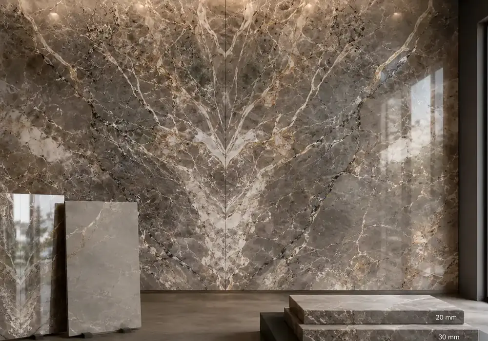 graceful natural vein texture used across wall cladding, flooring and an island countertop, with authentic slab variation.