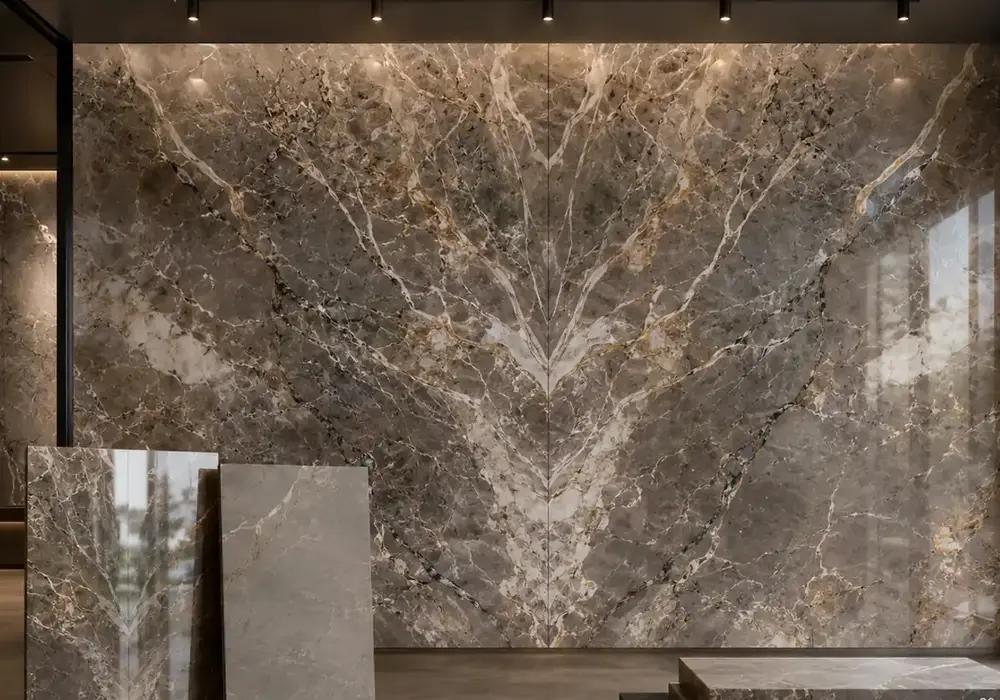 Polished Grigio Collemandina slab with taupe-grey depth, crisp white veins, muted-gold streams and lightly fractured breccia.