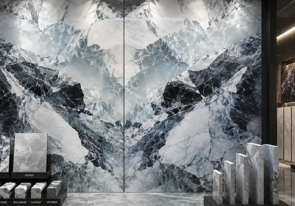 Iceberg marble countertop on polished island with bathroom wall, honed floor, stairs, fireplace and icy blue-grey veining