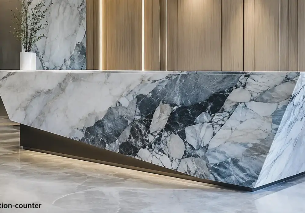 iceberg white marble in a luxury bathroom, showing natural veining, polished stone depth and refined architectural detail.