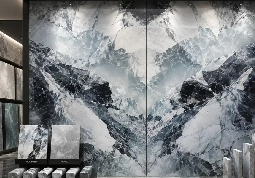 Iceberg White stone slab displayed with sample and technical inspection materials for product classification