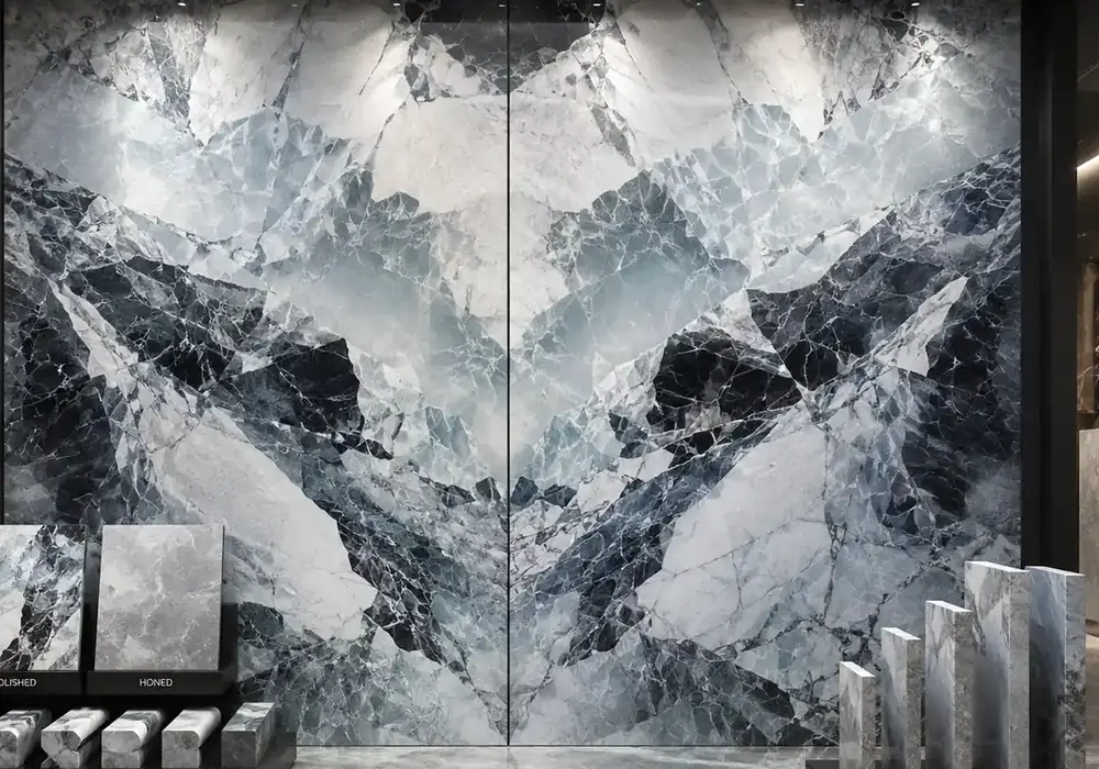 View iceberg marble slab with luminous bluish-white depth, icy-grey lines, charcoal rivers and naturally fractured forms.