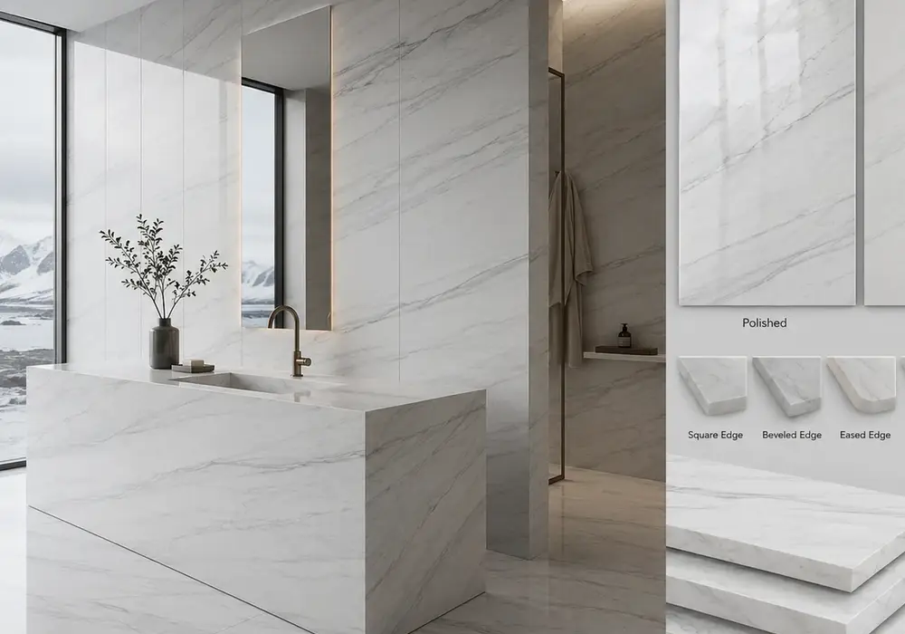elegant snow toned feature surface across wall cladding, flooring and an island countertop, with authentic slab variation.