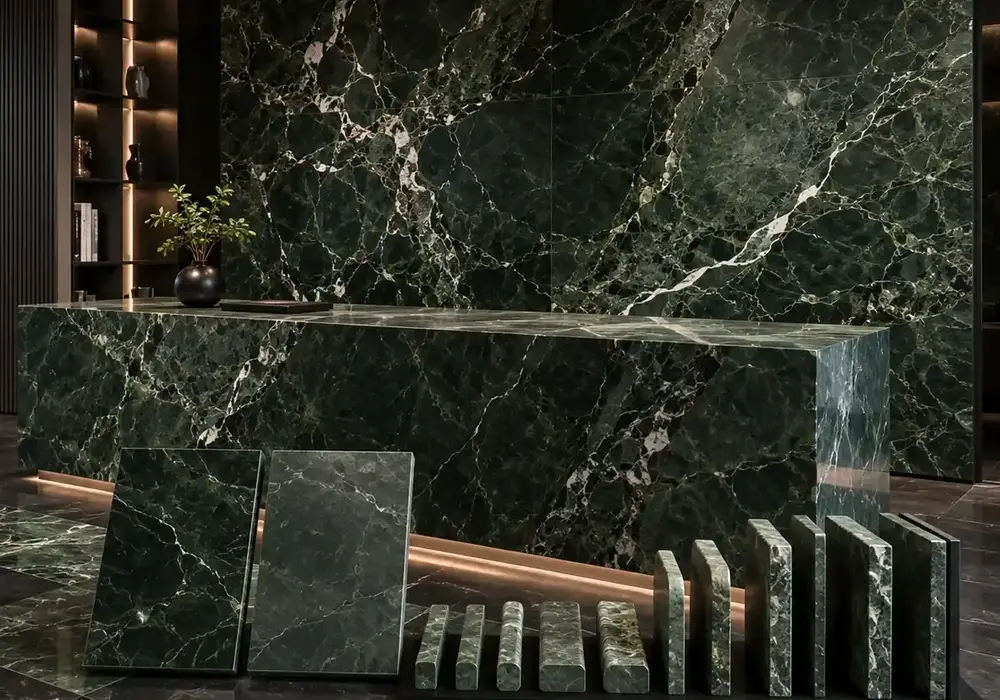 sophisticated heritage feature stone across terrace flooring and an outdoor kitchen countertop, with natural slab variation.
