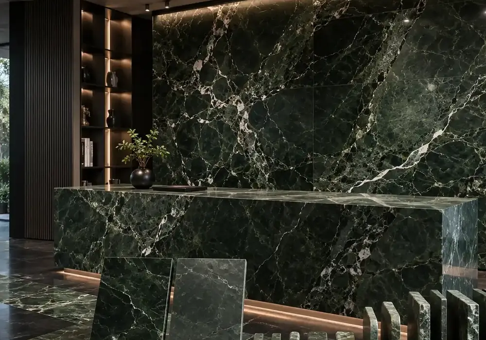 Indian Green Marble foyer reception wall in a luxury stone showroom with large slabs and refined interior detailing