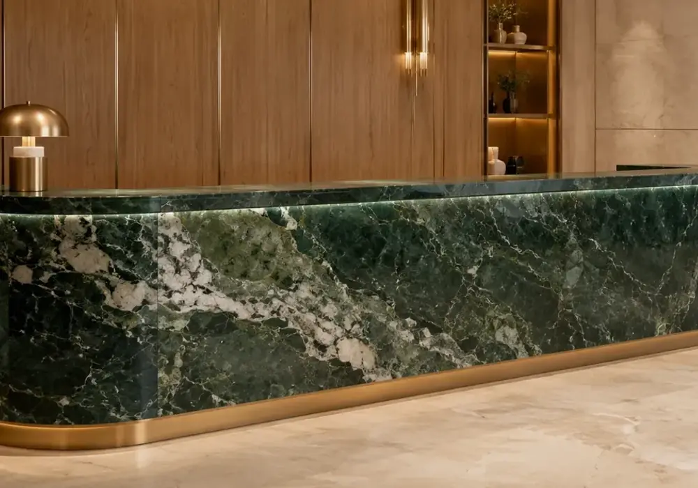 Forest Green marble in a hotel staircase, showing authentic veining, true stone texture and realistic architectural detail.