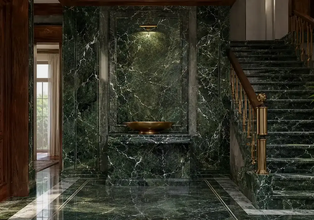white yellow and black movement crosses polished and honed green slabs, stair pieces and crate-ready stock in a stone yard.