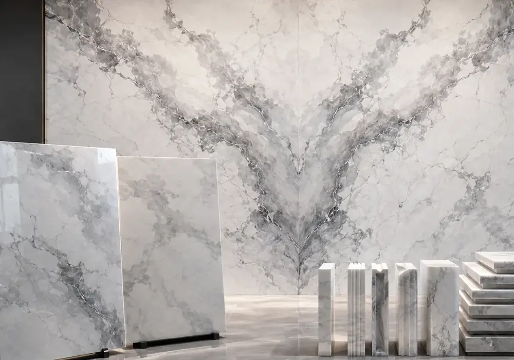 Invisible Grey marble bookmatched feature wall with luminous pale stone and sweeping grey veins in a refined interior.