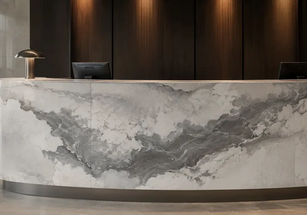 Invisible Grey kitchen with a polished waterfall island and backsplash, honed floor, stairs and vanity with smoky streams.