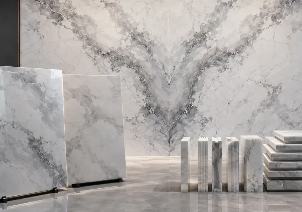 Invisible Grey marble price image featuring grey and white, sweeping ribbons and branching veins, and controlled reflections.