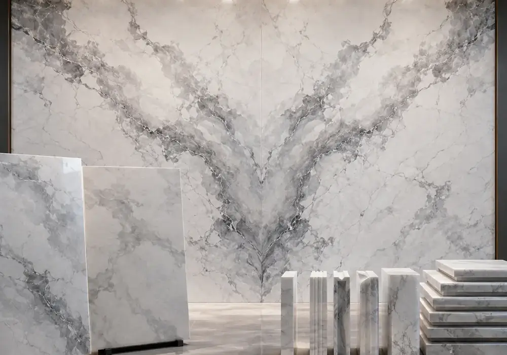 sophisticated cool neutral surface across a feature wall, flooring and an island countertop, with authentic slab variation.