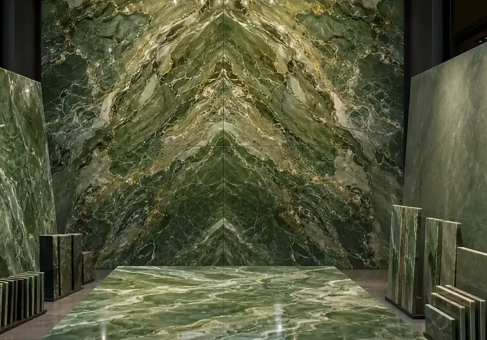 Irish emerald marble in a heritage interior, with natural veining, realistic stone depth and refined architectural detail.