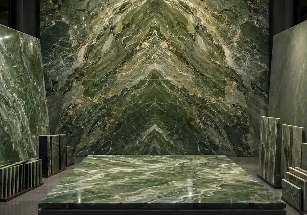 Irish Green marble slabs ranging from misty sage to dark emerald with polished, honed samples and fabrication-ready UAE stock