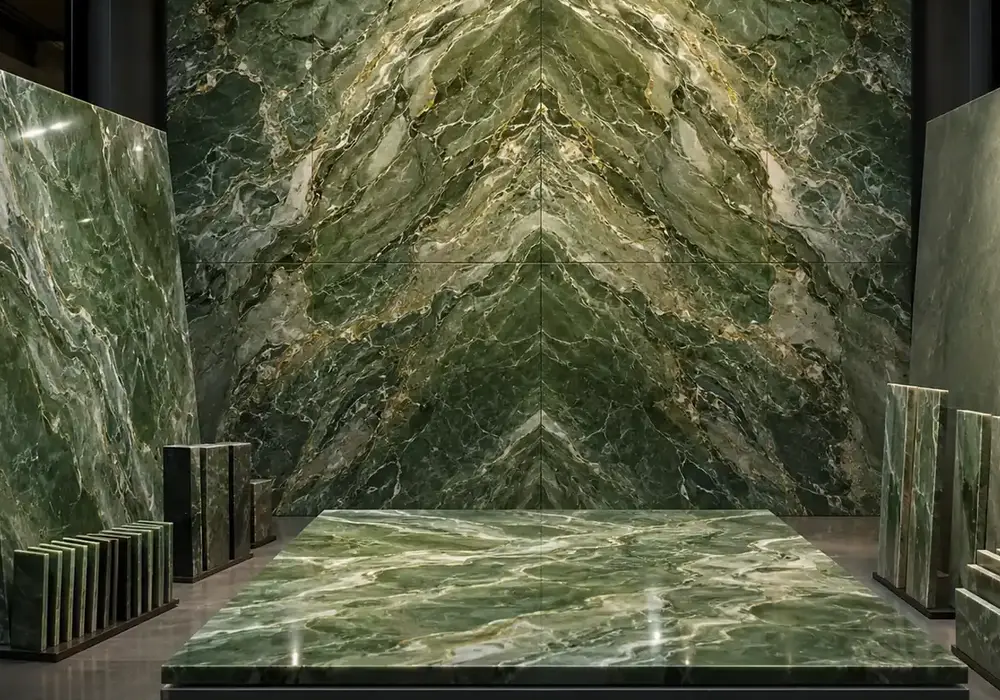 Variegated Connemara marble slab with deep emerald, moss and sage tones, folded cream streaks and fluid dark-green movement.