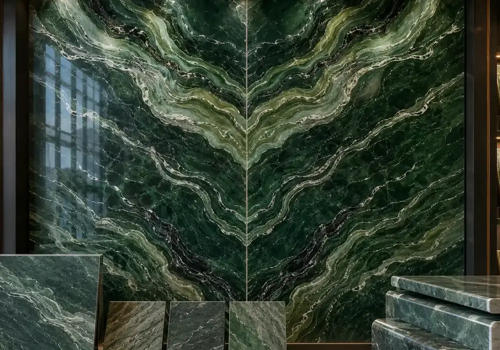 sophisticated natural feature surface across a feature wall, flooring and an island countertop, with natural slab variation.