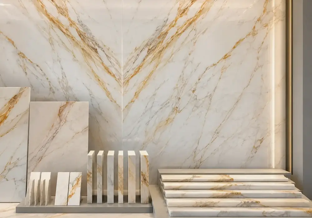 sophisticated bright feature stone across wall cladding, flooring and an island countertop, with authentic slab variation.