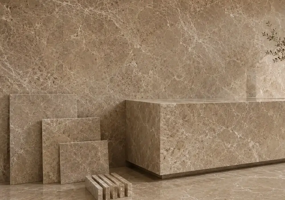 sophisticated light coffee feature stone across a feature wall, flooring and an island countertop, with realistic finishes.